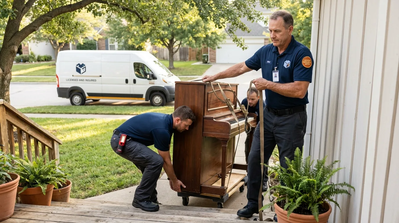 Licensed piano movers securing grand piano in Logan, UT