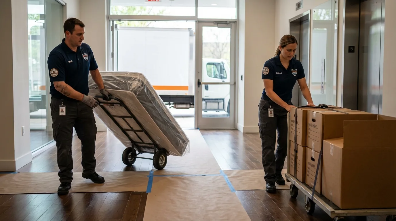 Professional apartment movers loading elevator in Logan, UT